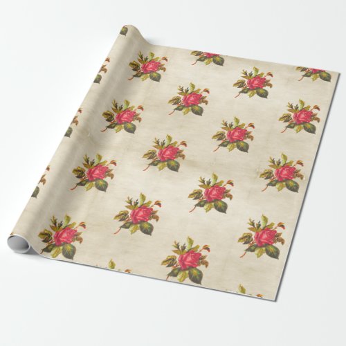 Vintage Parchment with Red Rose Floral Pattern Wrapping Paper