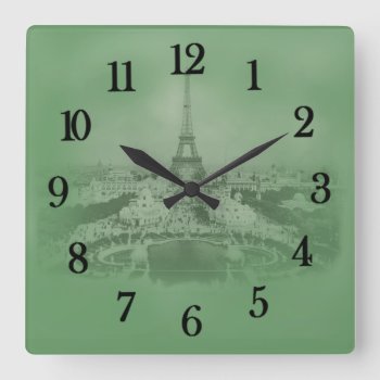 Vintage Paris And Eiffel Tower Square Wall Clock by FUNNSTUFF4U at Zazzle