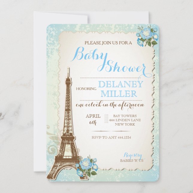 Vintage Paris Baby Shower Boy Invitations (Front)