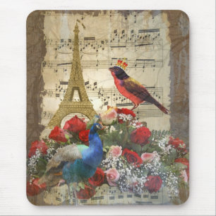 Vintage Paris & bird music sheet collage Mouse Pad
