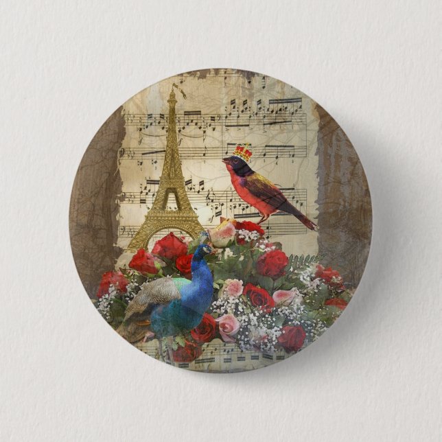 Vintage Paris & bird music sheet collage Pinback Button (Front)