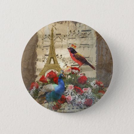 Vintage Paris & Bird Music Sheet Collage Pinback Button