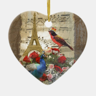 Vintage Paris & birds music sheet collage Ceramic Ornament