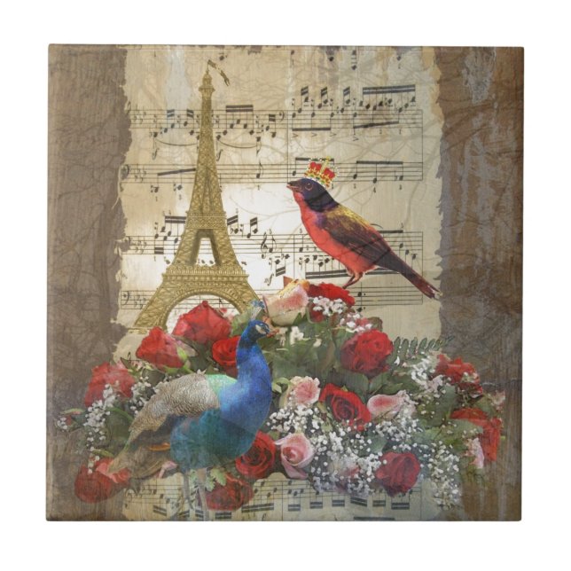 Vintage Paris & birds music sheet collage Ceramic Tile (Front)