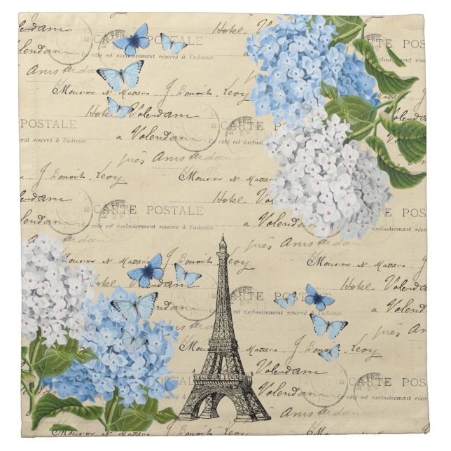Vintage Paris Blue Flower Postcard Cloth Napkin (Front)