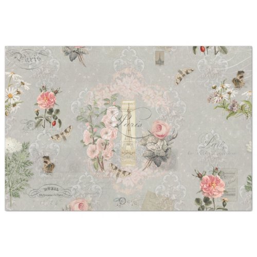 Vintage Paris Blush Pink Gray Flowers Decoupage Tissue Paper