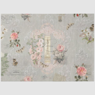 Vintage Paris Blush Pink Gray Flowers Decoupage Tissue Paper