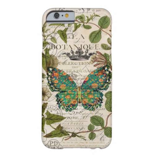 vintage paris botanical art teal butterfly barely there iPhone 6 case