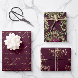 Vintage Paris Burgundy and Gold Wrapping Paper Sheets