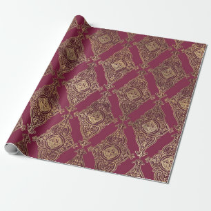 Vintage Paris Burgundy Red and Gold Grunge Damask Wrapping Paper