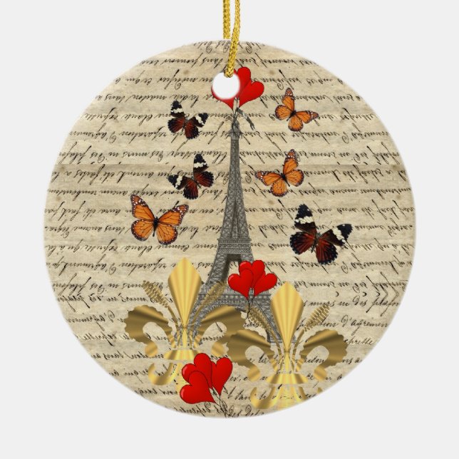 Vintage Paris & butterflies Ceramic Ornament (Front)