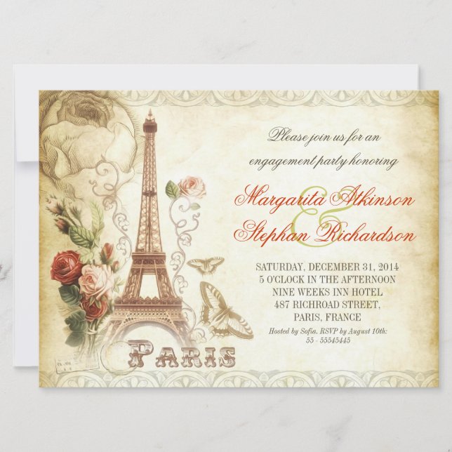 vintage PARIS chic engagement party invitations (Front)
