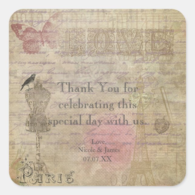 Vintage Paris Chic Wedding Party Favor Stickers (Front)