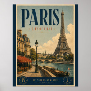 Vintage Paris City of Light Travel Poster with Eif