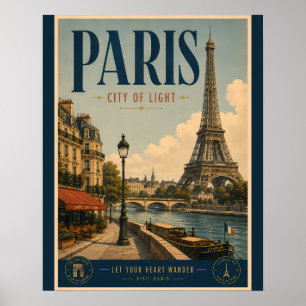 Vintage Paris City of Light Travel Poster with Eif