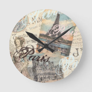Vintage Paris decoupage Landmarks typography Round Clock