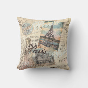 Vintage Paris decoupage Landmarks typography Throw Pillow