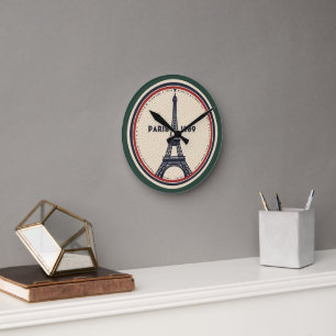 Vintage Paris Eiffel Tower 1889 Travel Stamp Wall Round Clock