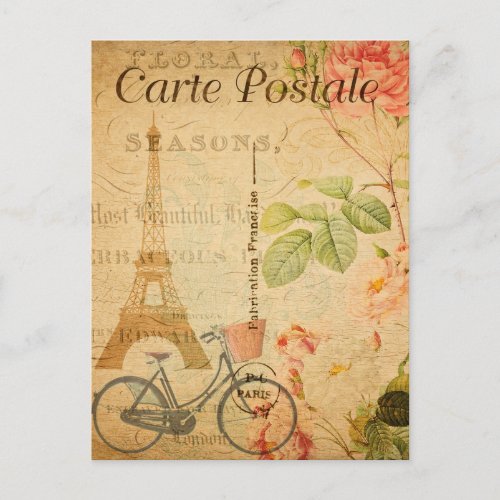 Vintage Paris Eiffel Tower and Bicycle French Postcard