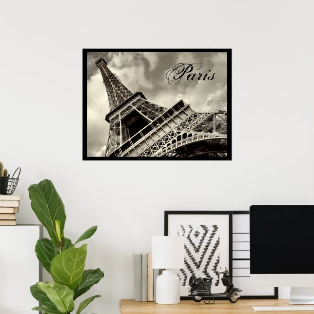 Vintage Paris Eiffel Tower Black And White Poster (Home Office)