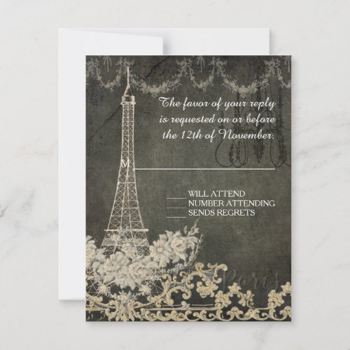 Vintage Paris Eiffel Tower Black Tan Wedding RSVP 
