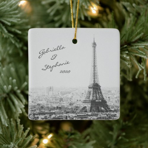 Vintage Paris Eiffel Tower Black White Photo Name Ceramic Ornament