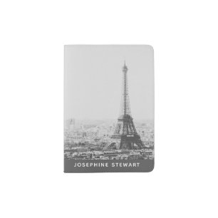 Vintage Paris Eiffel Tower Black White Photo Name Passport Holder