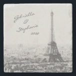 Vintage Paris Eiffel Tower Black White Photo Name Stone Coaster<br><div class="desc">This beautiful custom stone coaster features a birds-eye view vintage black and white travel photo of the Eiffel Tower and Paris France. Personalize it with your name(s). Great gift idea!</div>