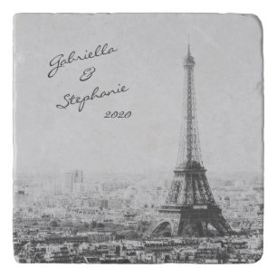 Vintage Paris Eiffel Tower Black White Photo Name Trivet