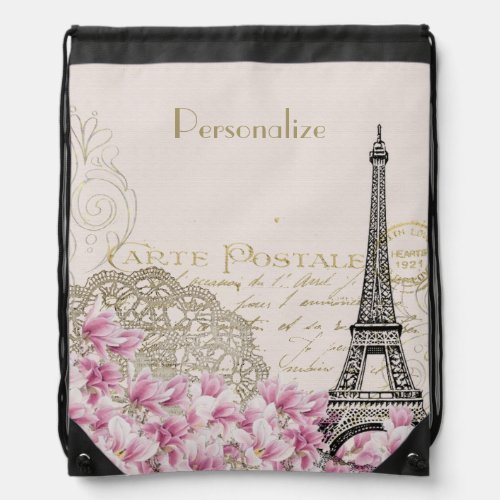 Vintage Paris Eiffel Tower Carte Postale French Drawstring Bag