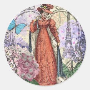 Vintage Paris Eiffel Tower Collage Romantic French Classic Round Sticker
