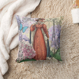 Vintage Paris Eiffel Tower Collage Romantic French Throw Pillow