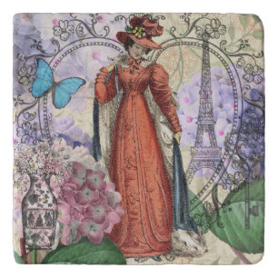 Vintage Paris Eiffel Tower Collage Romantic French Trivet