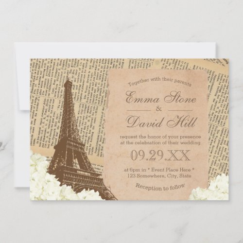 Vintage Paris Eiffel Tower Elegant Floral Wedding Invitation