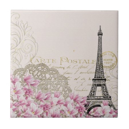 Vintage Paris Eiffel Tower Floral Art Illustration Ceramic Tile