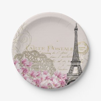 Vintage Paris Eiffel Tower Floral Art Illustration Paper Plates by biutiful at Zazzle