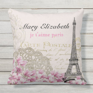 Vintage Paris Eiffel Tower Floral Lace Letter Outdoor Pillow
