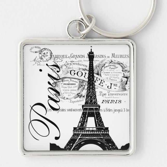 Vintage Paris & Eiffel Tower Label Keychain (Front)