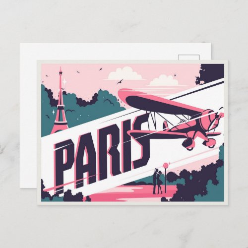Vintage Paris Eiffel Tower Love Couple Travel Postcard