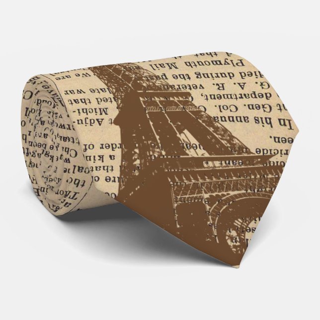 Vintage Paris Eiffel Tower Old Newspaper Neck Tie (Rolled)