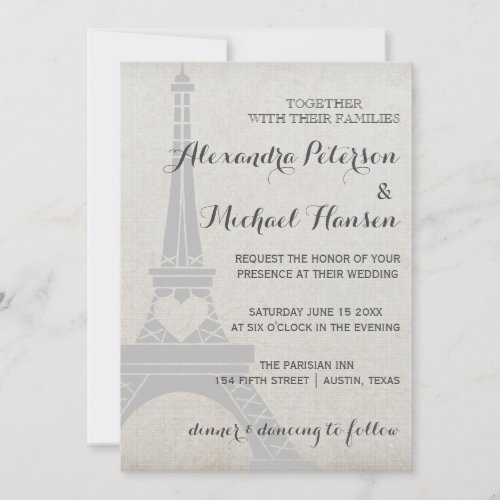 Vintage Paris Eiffel Tower on Antique Gray Wedding Invitation