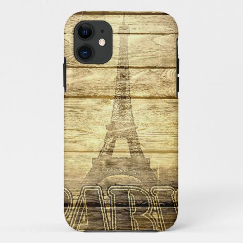 Vintage Paris Eiffel Tower on Wood iPhone 11 Case