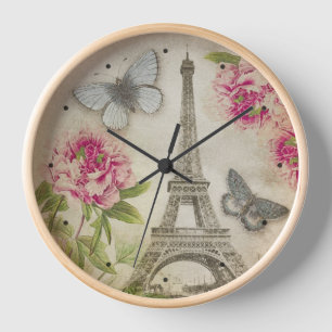 Vintage Paris Eiffel Tower Peonies Clock