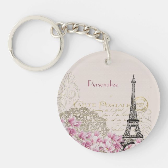 Vintage Paris Eiffel Tower Personalize Keychain (Front)