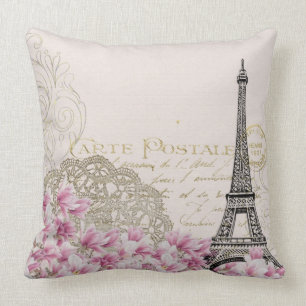 Vintage Paris Eiffel Tower & Pink Floral Throw Pillow
