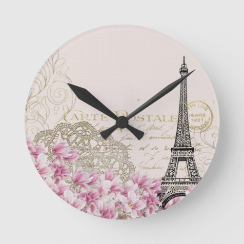 Vintage Paris Eiffel tower print Round Clock