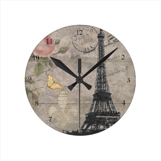 Vintage Paris Eiffel Tower Rose Butterfly Grunge Round Clock