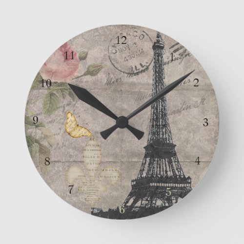 Vintage Paris Eiffel Tower Rose Butterfly Grunge Round Clock