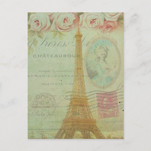 Vintage Paris Eiffel Tower Roses French Inspired Postcard