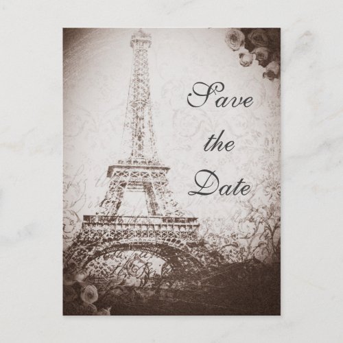 Vintage Paris Eiffel Tower  Roses Save the Date Announcement Postcard